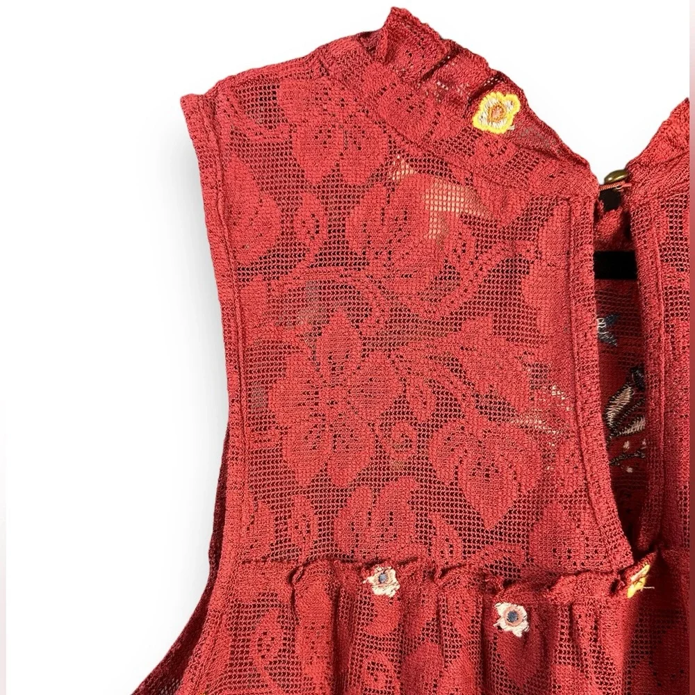 075. Francesca's Sleeveless Embroidered Miami Phoenix Mini Dress L Orange Red - Picture 7 of 10